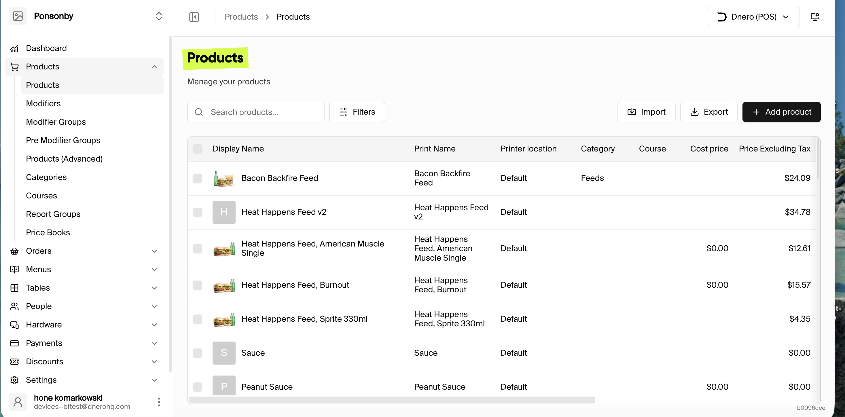 Dnero POS Products list